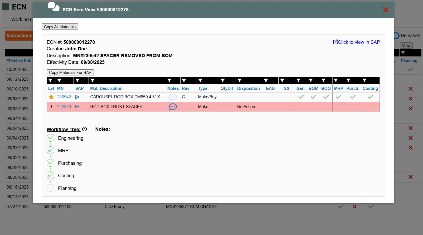 ECN item view with affected materials and a workflow tree