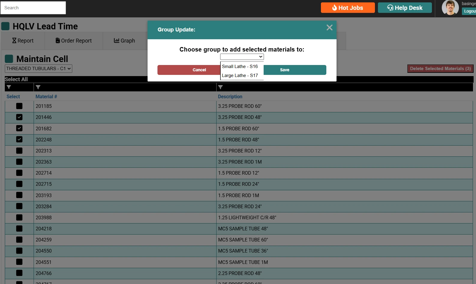 Modal for assigning selected materials to a sub-group