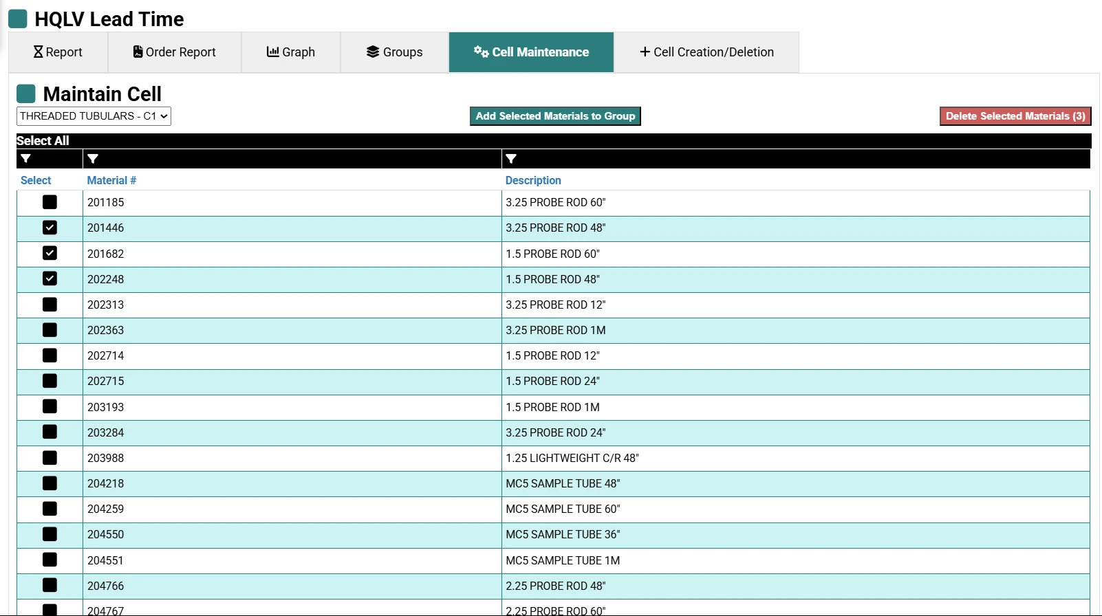HQLV Cell Maintenance screen with materials selected for grouping