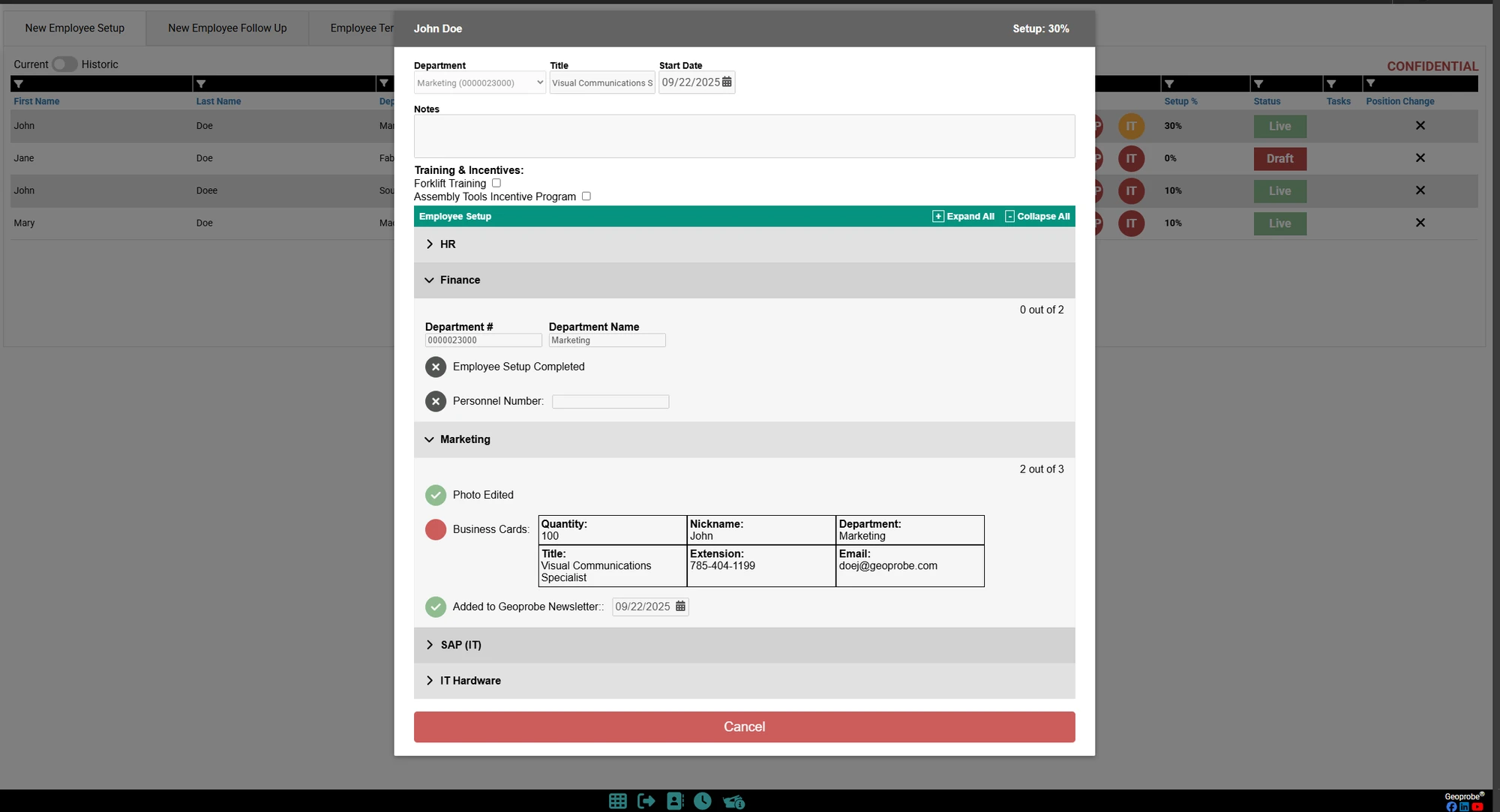 Modal showing one employee's onboarding tasks by department