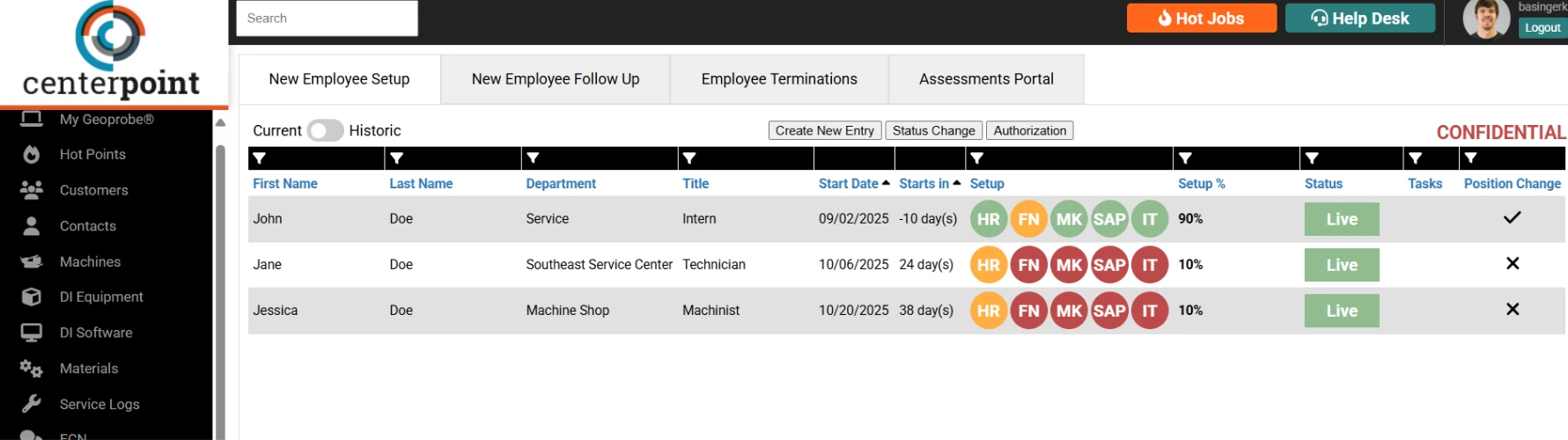 Onboarding dashboard listing new employees and their setup progress